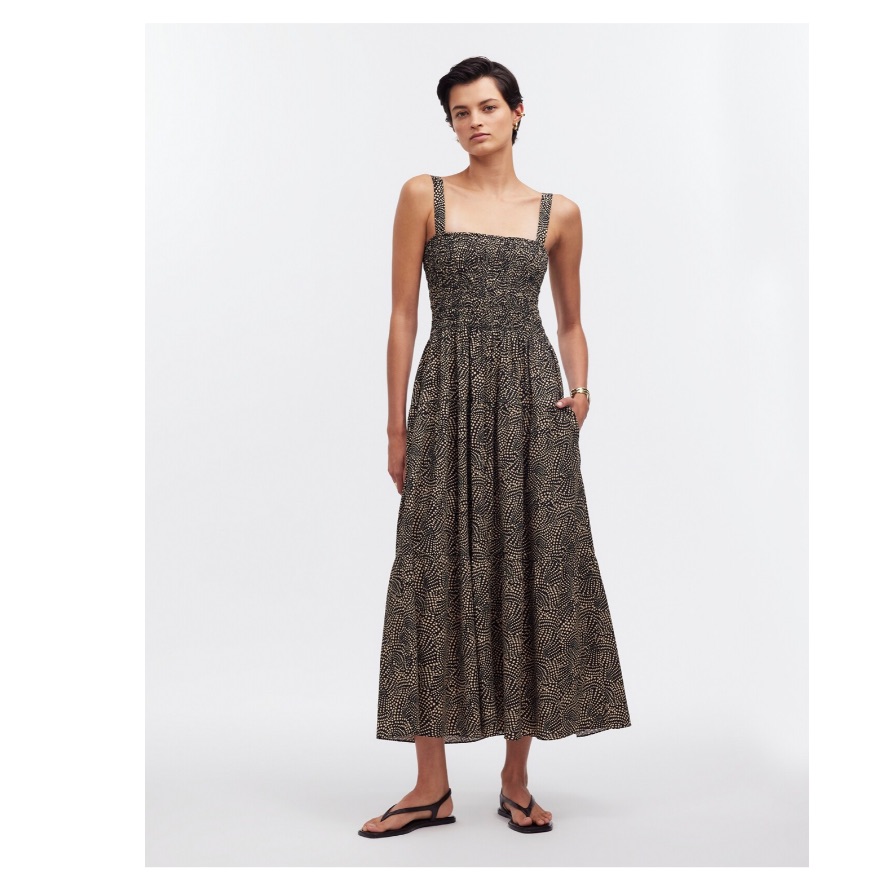 Nwt Madewell Smocked Drop Waist Maxi Dress In Black Spiral Dot, Size 4